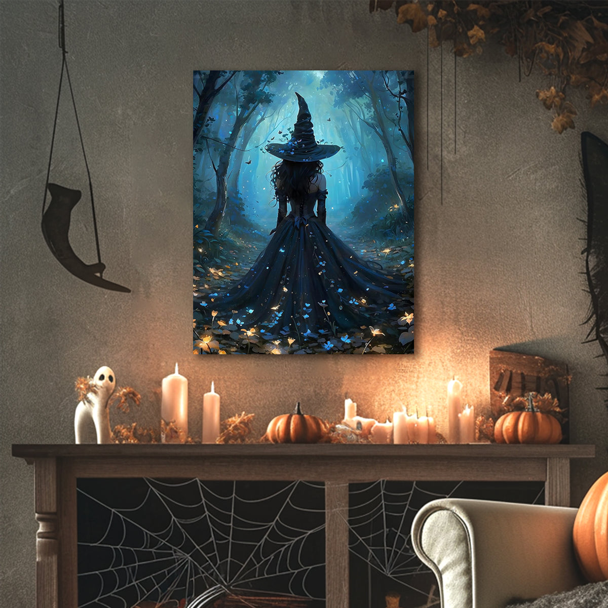 Mystic Blue Forest Witch Halloween Canvas Wall Art