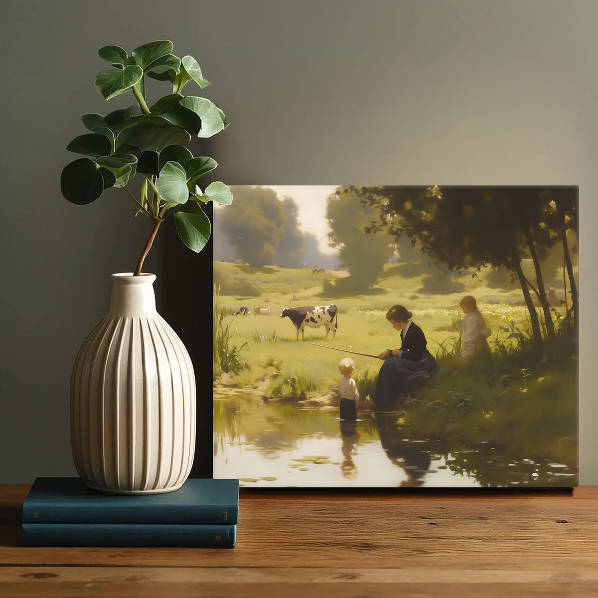 Mother and Child by the Pastoral Pond Nostalgic Impressionist Countryside Painting Wall Art