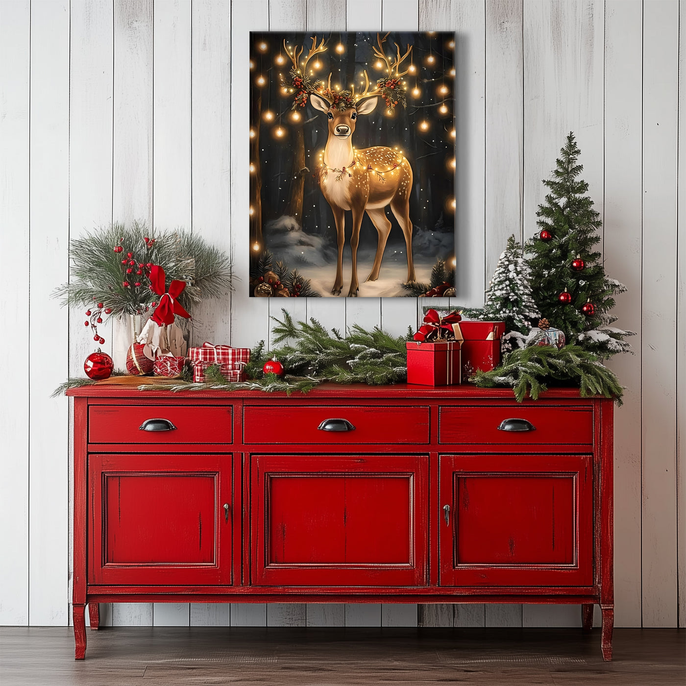Christmas Reindeer Canvas Wall Art with Lights, Enchanted Winter Forest Holiday Decor for Living Room and Bedroom