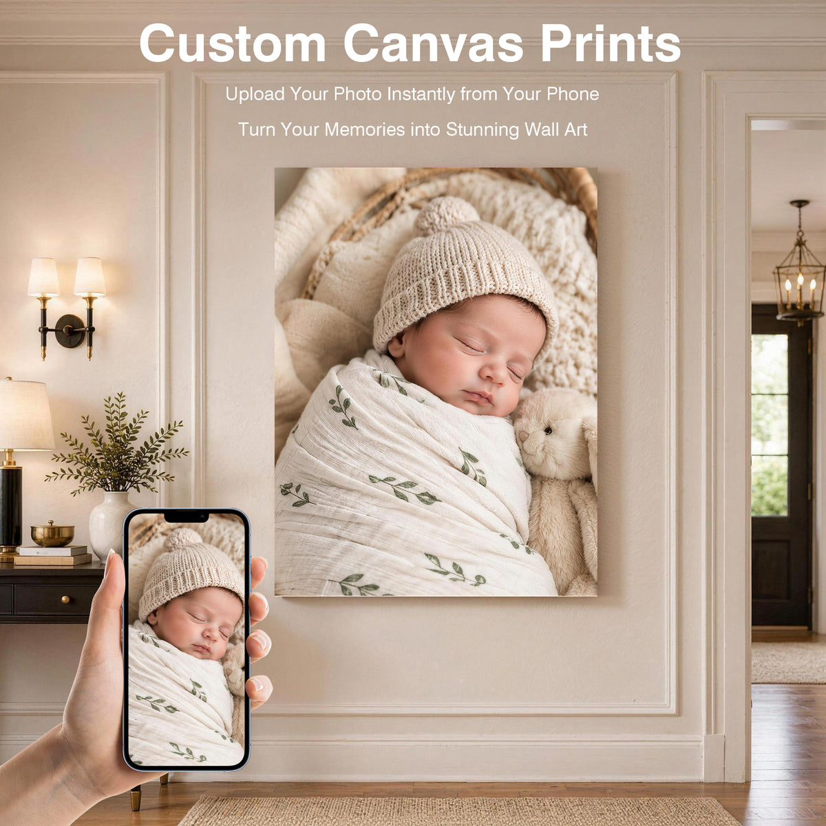 Custom Baby Photo Canvas Print – Personalized Newborn Portrait Wall Art