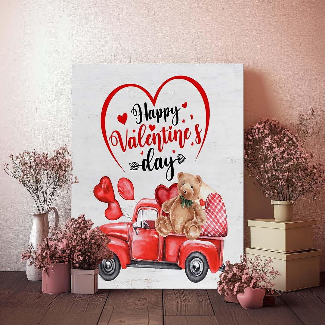 Valentine's Day Canvas Wall Art, Happy Valentine's Day with Red Truck, Teddy Bear, Heart Balloons Print, Inspirational Quote Wall Art Rustic Charm Couple Gift for Valentines Wedding