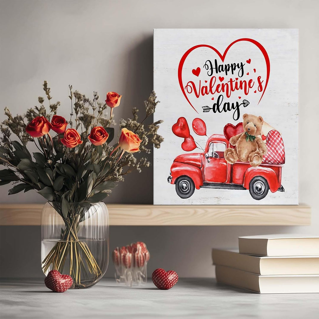 Valentine's Day Canvas Wall Art, Happy Valentine's Day with Red Truck, Teddy Bear, Heart Balloons Print, Inspirational Quote Wall Art Rustic Charm Couple Gift for Valentines Wedding