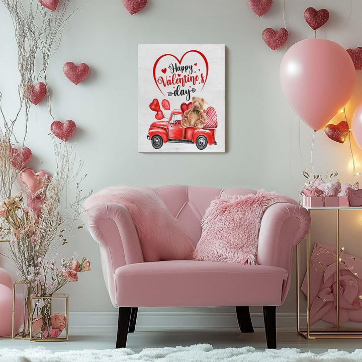 Valentine's Day Canvas Wall Art, Happy Valentine's Day with Red Truck, Teddy Bear, Heart Balloons Print, Inspirational Quote Wall Art Rustic Charm Couple Gift for Valentines Wedding