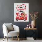 Valentine's Day Canvas Wall Art, Happy Valentine's Day with Red Truck, Teddy Bear, Heart Balloons Print, Inspirational Quote Wall Art Rustic Charm Couple Gift for Valentines Wedding