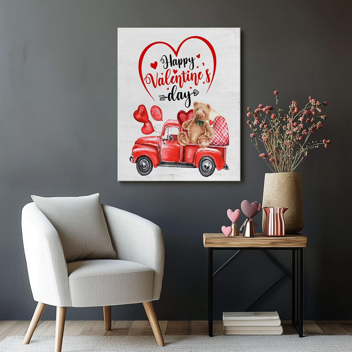 Valentine's Day Canvas Wall Art, Happy Valentine's Day with Red Truck, Teddy Bear, Heart Balloons Print, Inspirational Quote Wall Art Rustic Charm Couple Gift for Valentines Wedding
