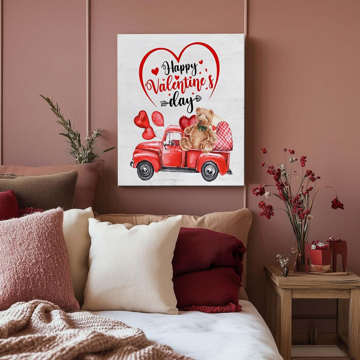 Valentine's Day Canvas Wall Art, Happy Valentine's Day with Red Truck, Teddy Bear, Heart Balloons Print, Inspirational Quote Wall Art Rustic Charm Couple Gift for Valentines Wedding