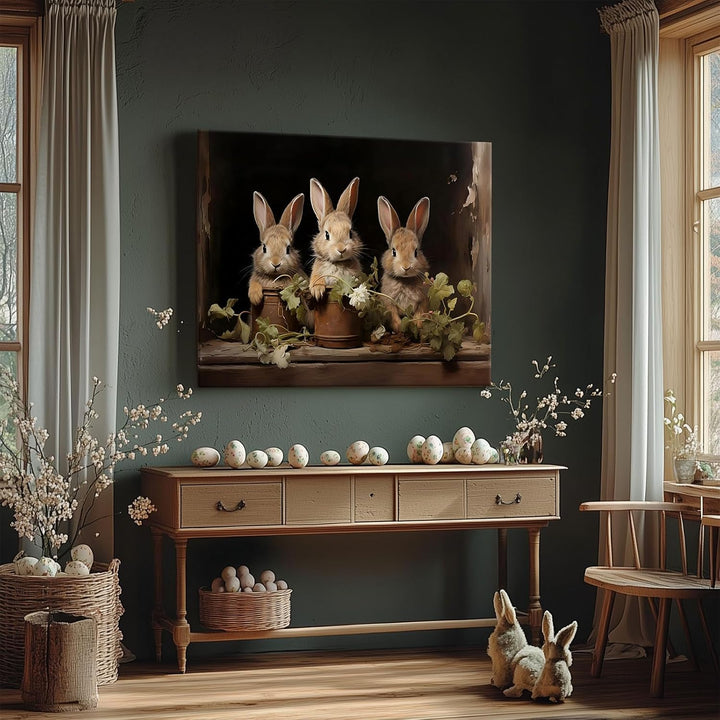 Easter Rabbits Framed Canvas Wall Art, Potted Hares and Plants Oil Painting Home Decor, Nature-Inspired Wall Decor Stunning Lovable Bunny Canvas Prints for Living Room, Bedroom, or Nursery