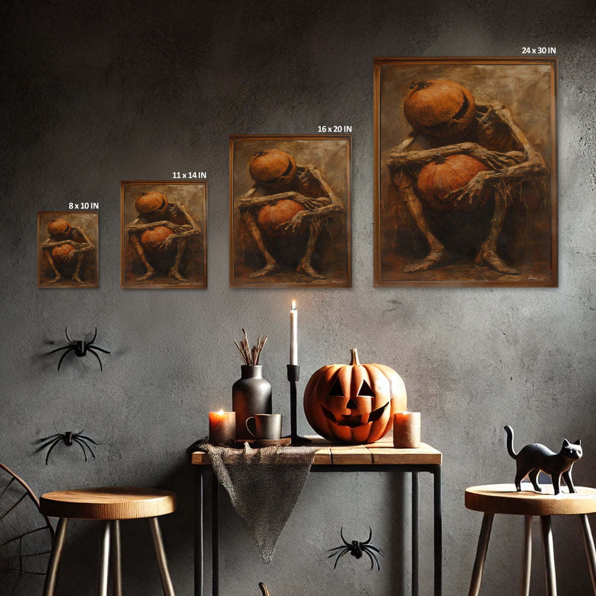 Dark Gothic Halloween Skeleton Pumpkin Painting Wall Art