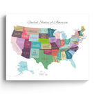 Colorful United States Map Wall Art – USA States and Capitals Canvas Print