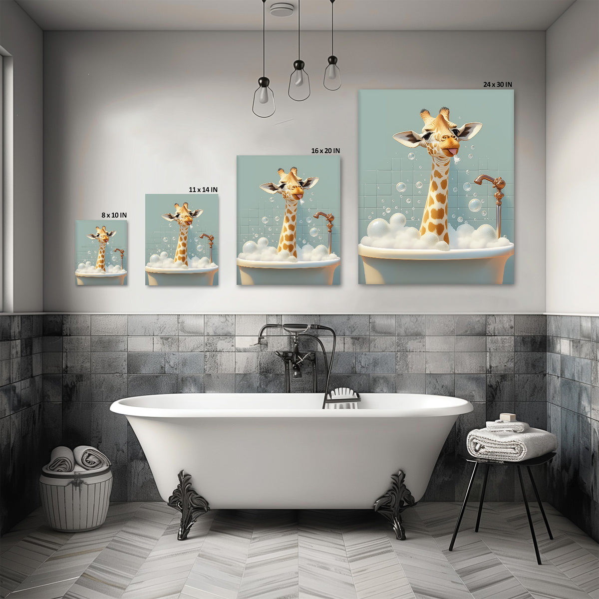Giraffe in the Bathtub Whimsical Surreal Animal Illustration Wall Art