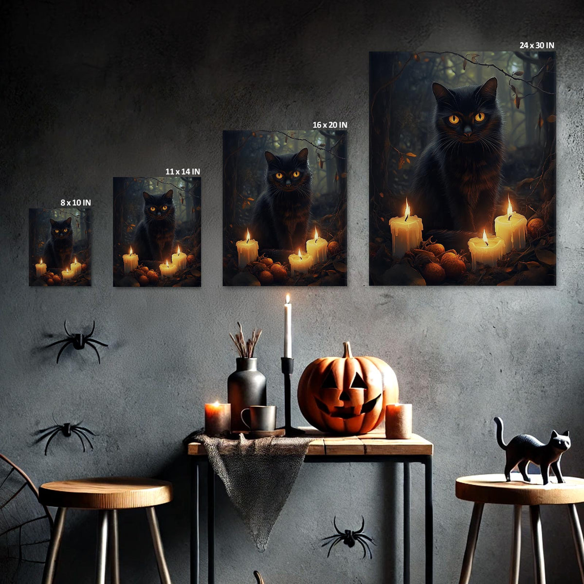 Enchanted Forest Black Cat Painting and Candles Halloween Wall Art