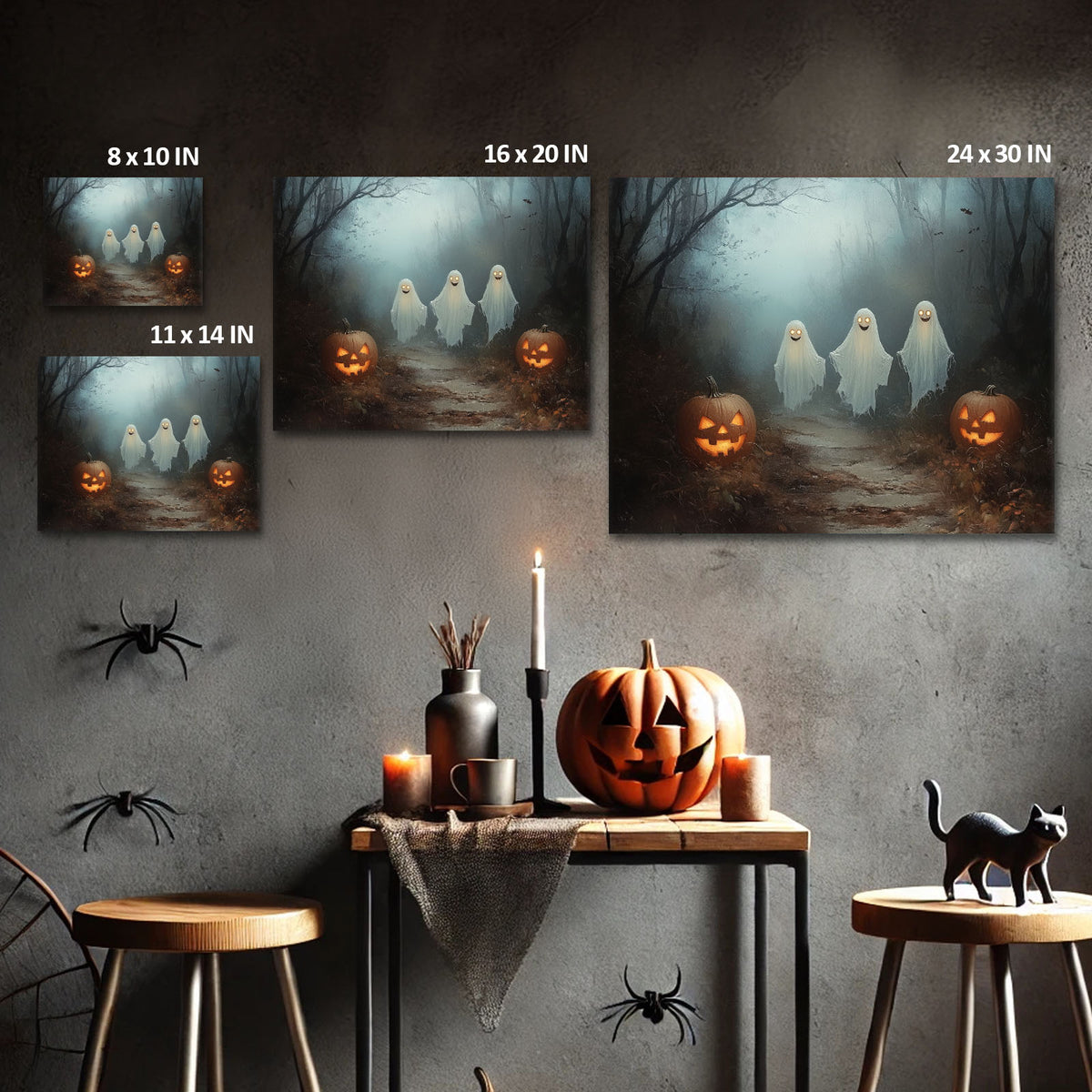 Three Friendly Ghosts Whimsical Haunted Forest Illustration Halloween Wall Art