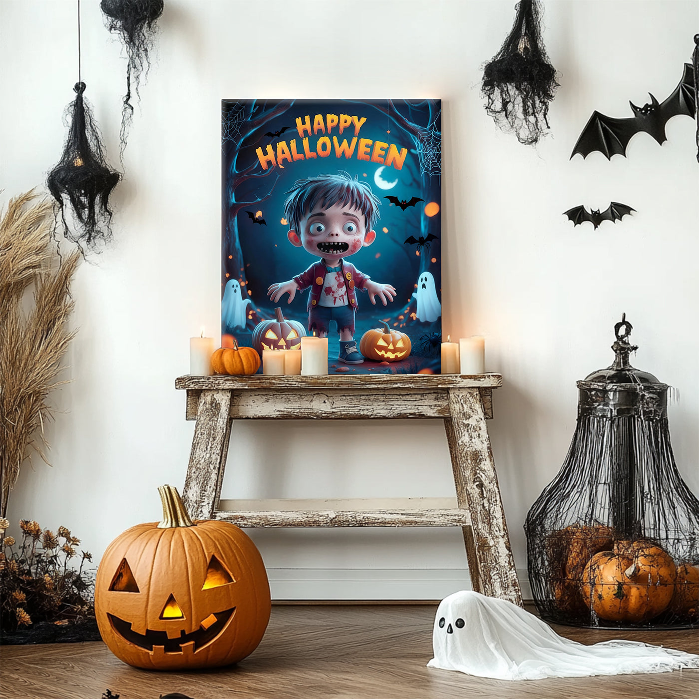 Little Zombie’s Halloween Night Canvas Wall Art for Kids