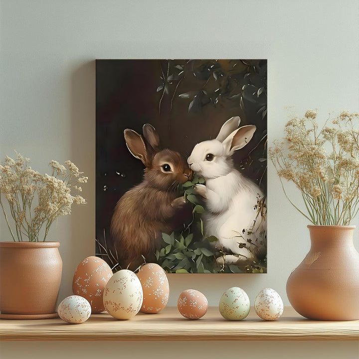 Easter Rabbits Canvas Wall Art, Adorable Hares Eating Leaves Oil Painting Home Decor, Nature-Inspired Wall Decor Stunning Lovable Bunny Canvas Prints for Living Room