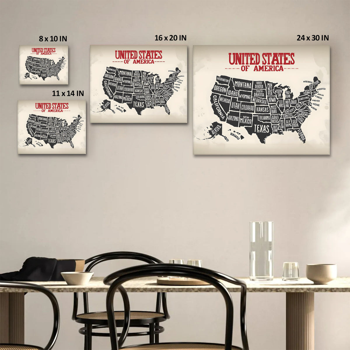 United States State Map Vintage Black and White U.S. Map Illustration Wall Art