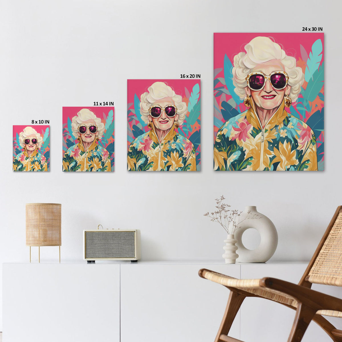 Pop Art Grandma with Pink Sunglasses Colorful Fashion Portrait Wall Art