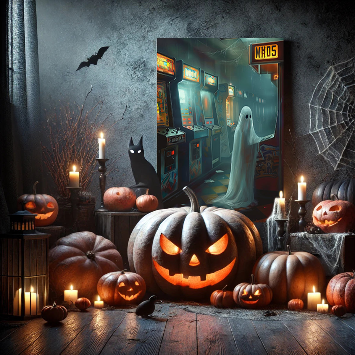 Haunted Arcade Ghost Halloween Canvas Wall Art
