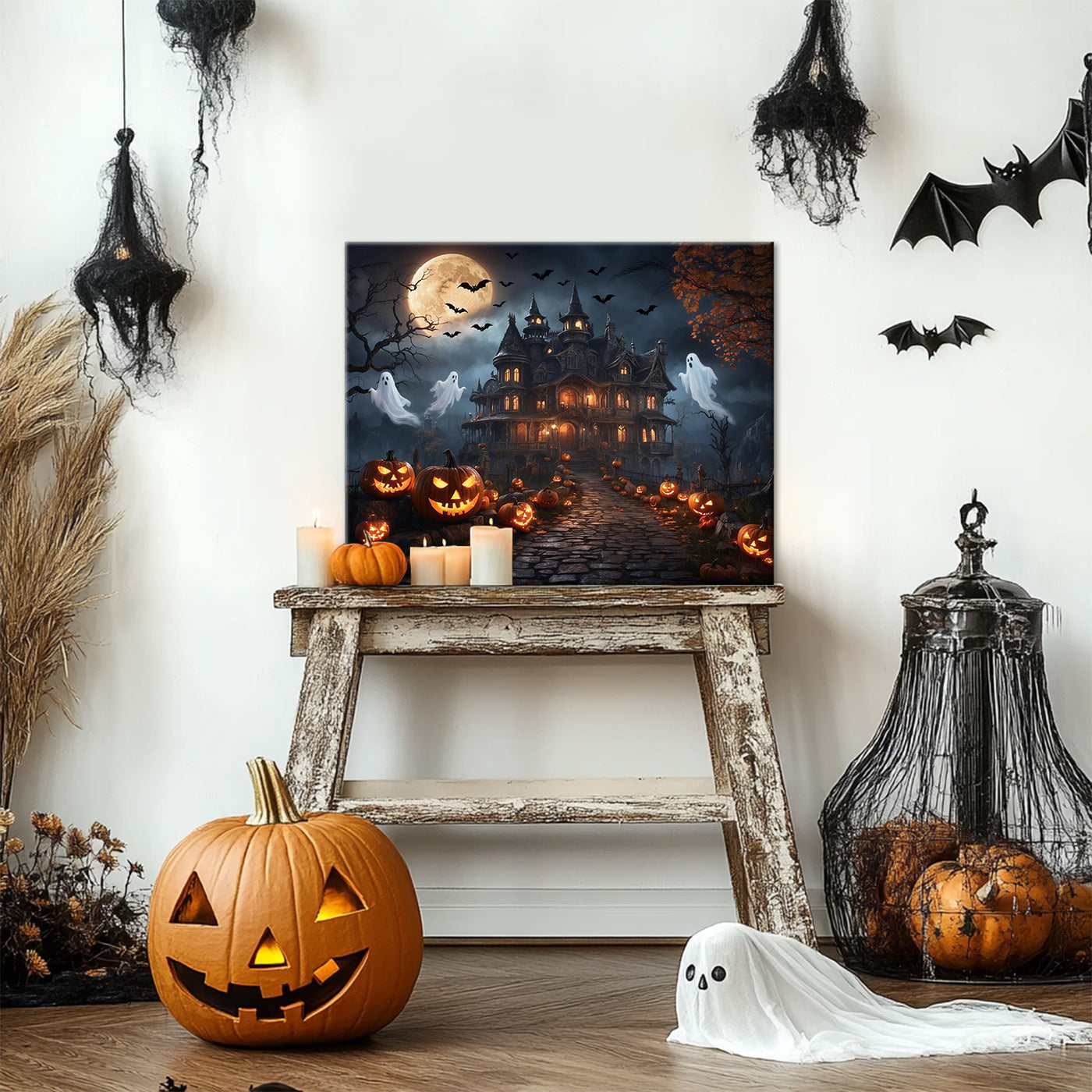 Pumpkinlit Haunted Castle Halloween Canvas Wall Art