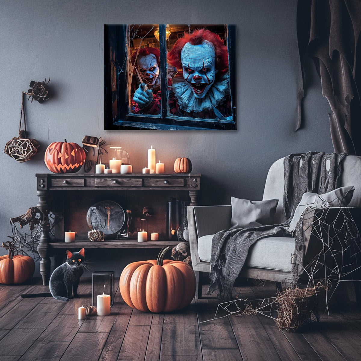 Creepy Clowns at the Window Halloween Canvas Wall Art – Dark Horror Party Decor
