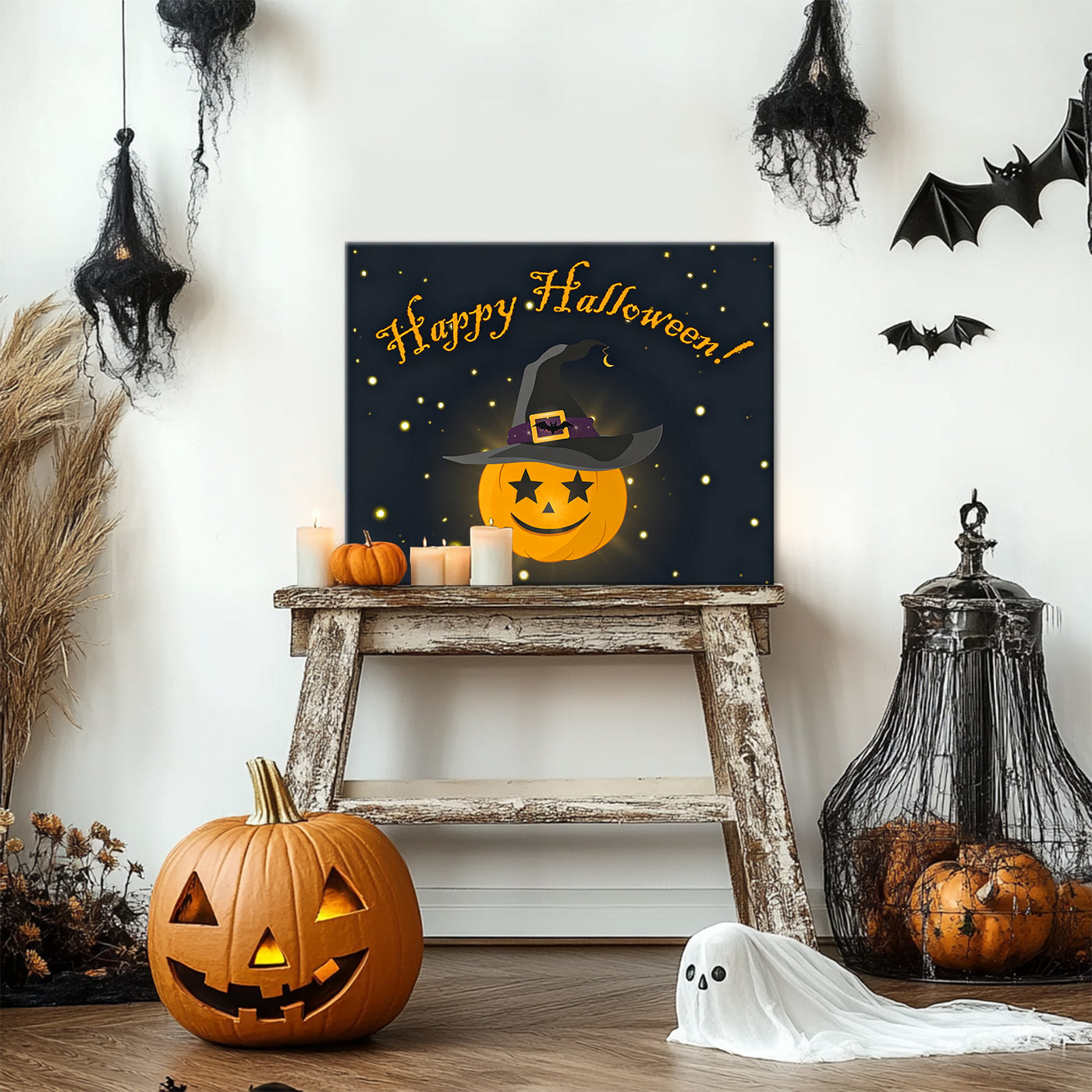 Happy Halloween Pumpkin Witch Canvas Wall Art