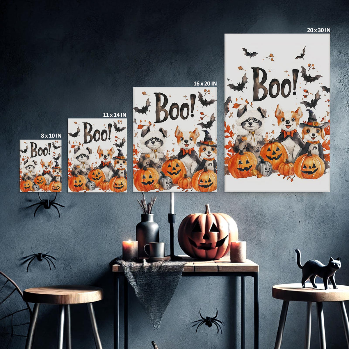 Halloween Boo! Animal Friends Canvas Wall Art – Cute Watercolor Dogs, Bats and Pumpkins Decor