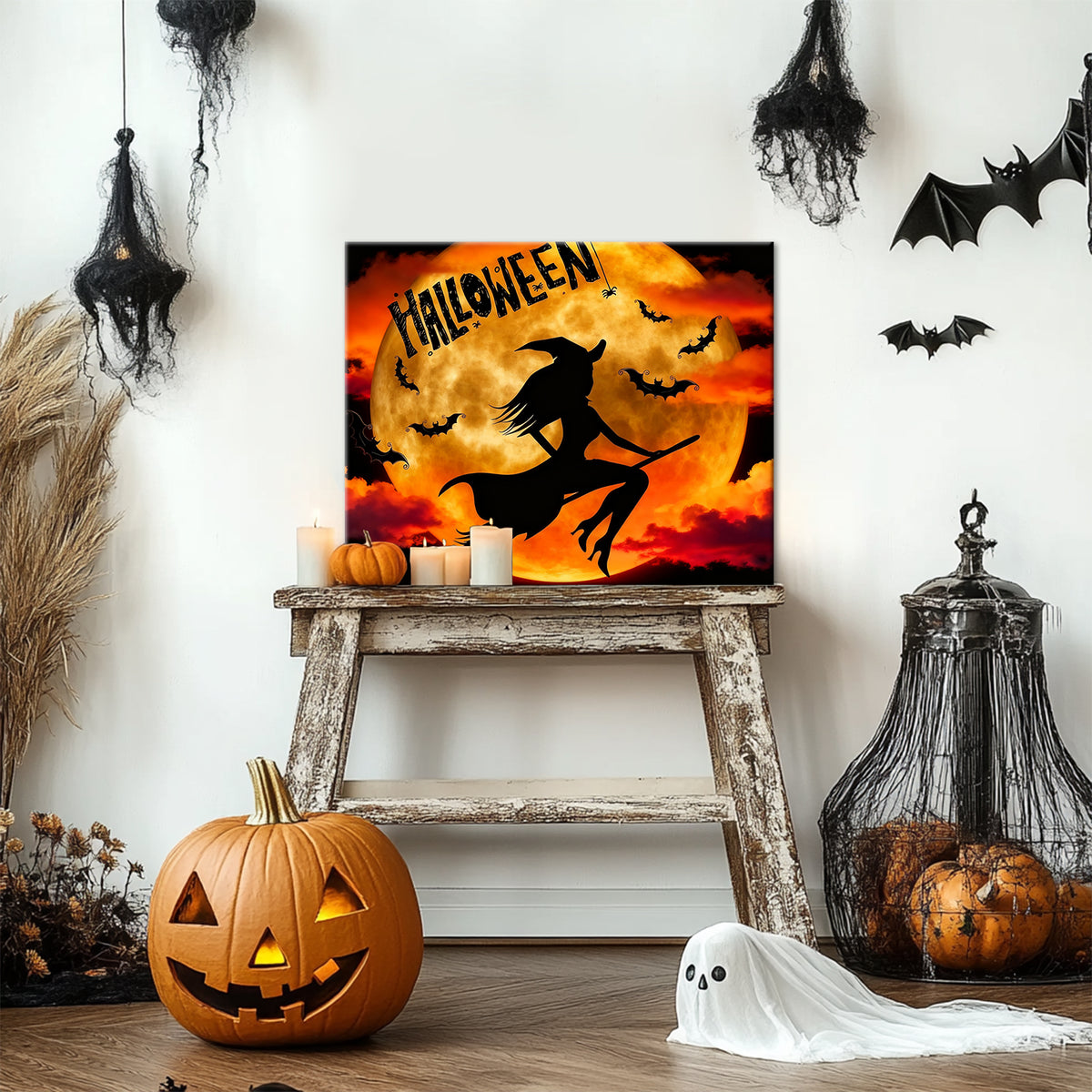 Witch’s Flight Under the Halloween Moon Canvas Wall Art
