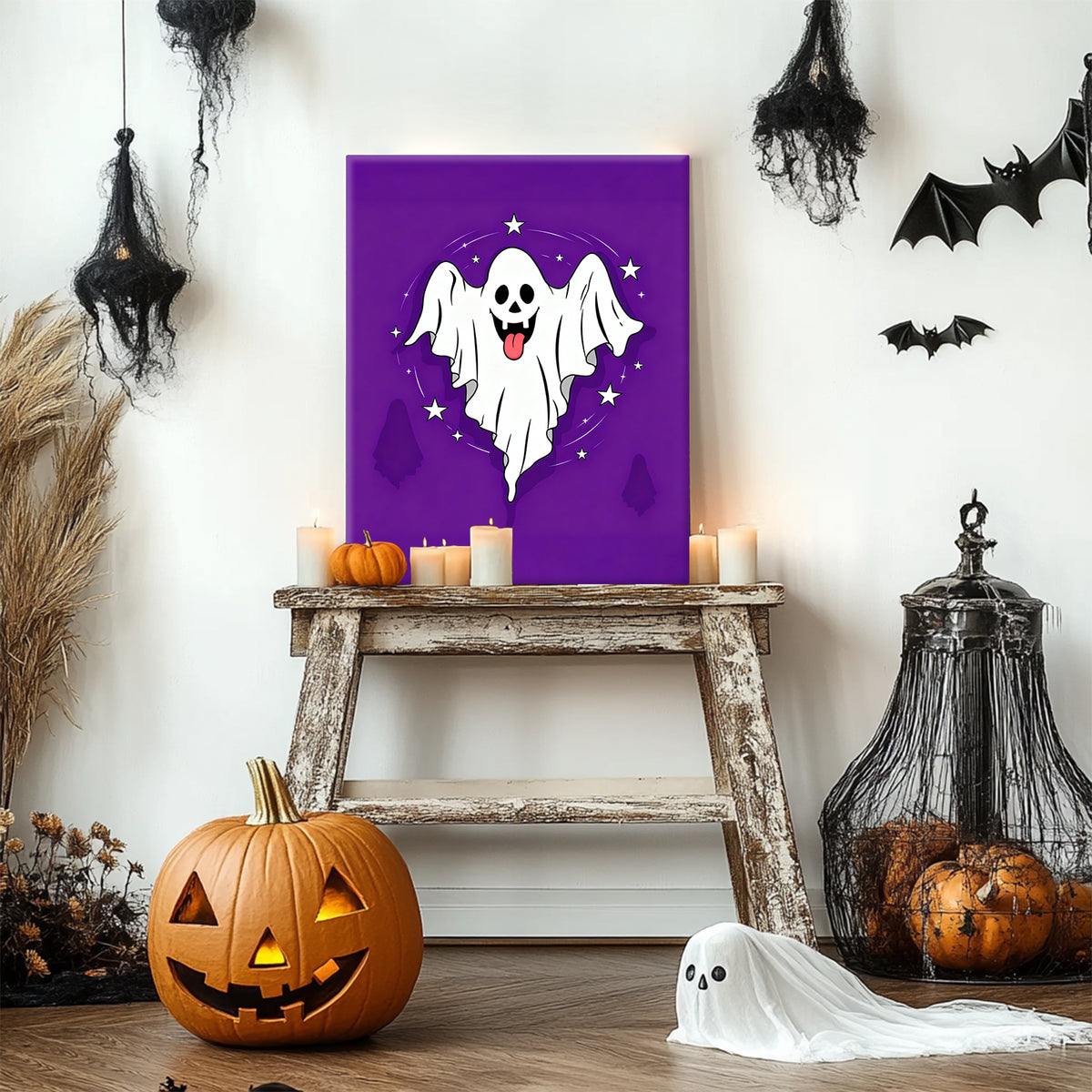 Playful Starry Ghost Halloween Canvas Wall Art