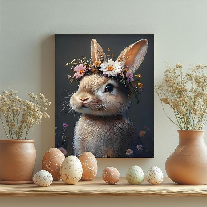 Easter Rabbit Framed Canvas Wall Art, Hare with Flower Crown Oil Painting Home Decor, Nature-Inspired Wall Decor Stunning Lovable Bunny Canvas Prints