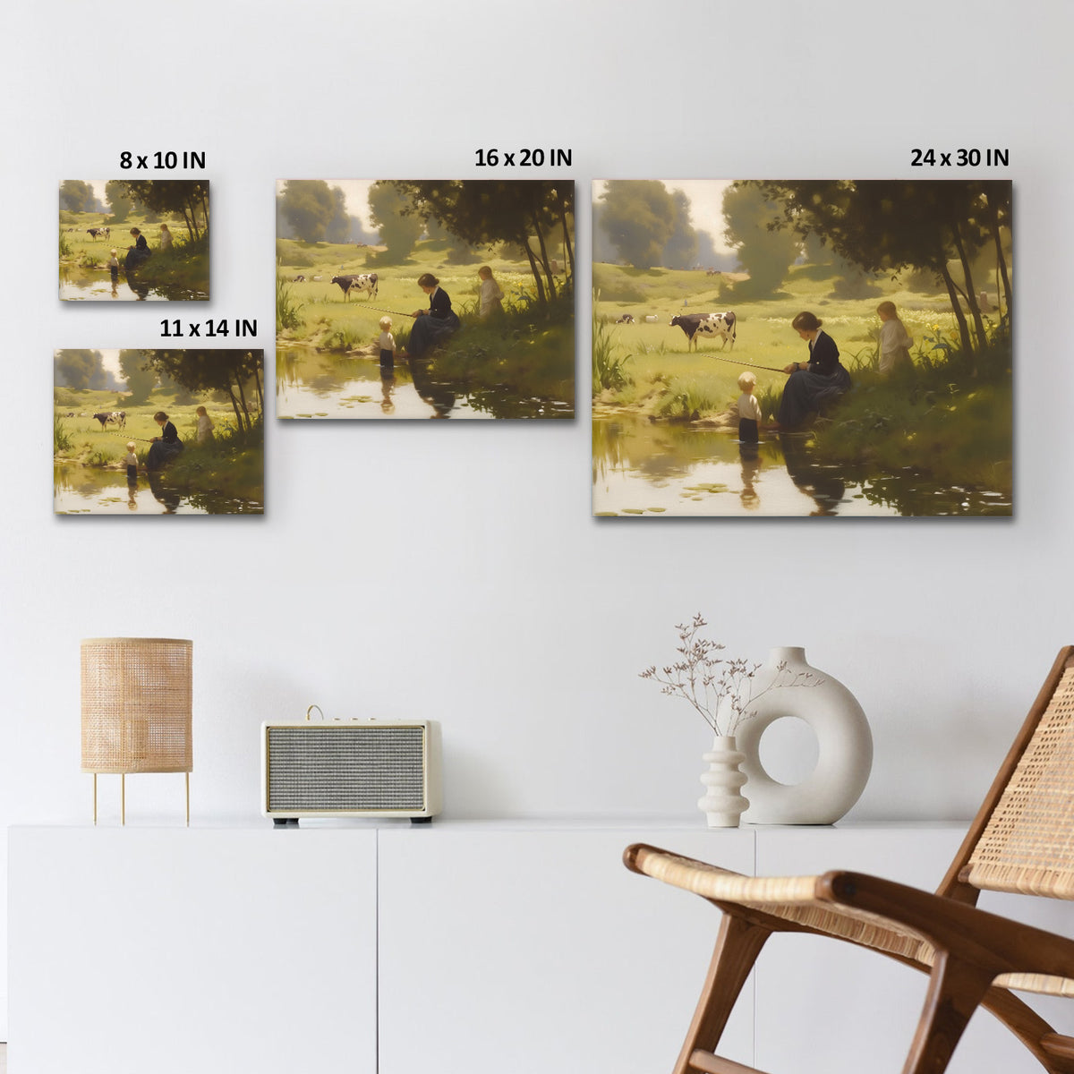 Mother and Child by the Pastoral Pond Nostalgic Impressionist Countryside Painting Wall Art