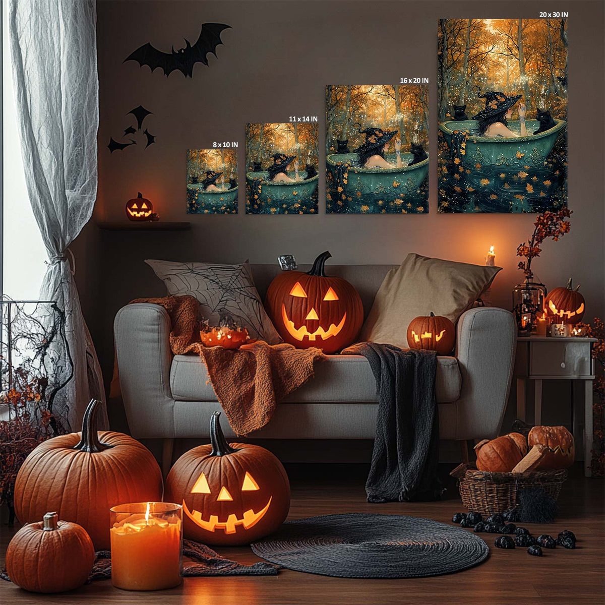 Witch in the Enchanted Forest Canvas Wall Art – Witch Hat, Black Cats and Autumn Magic Decor