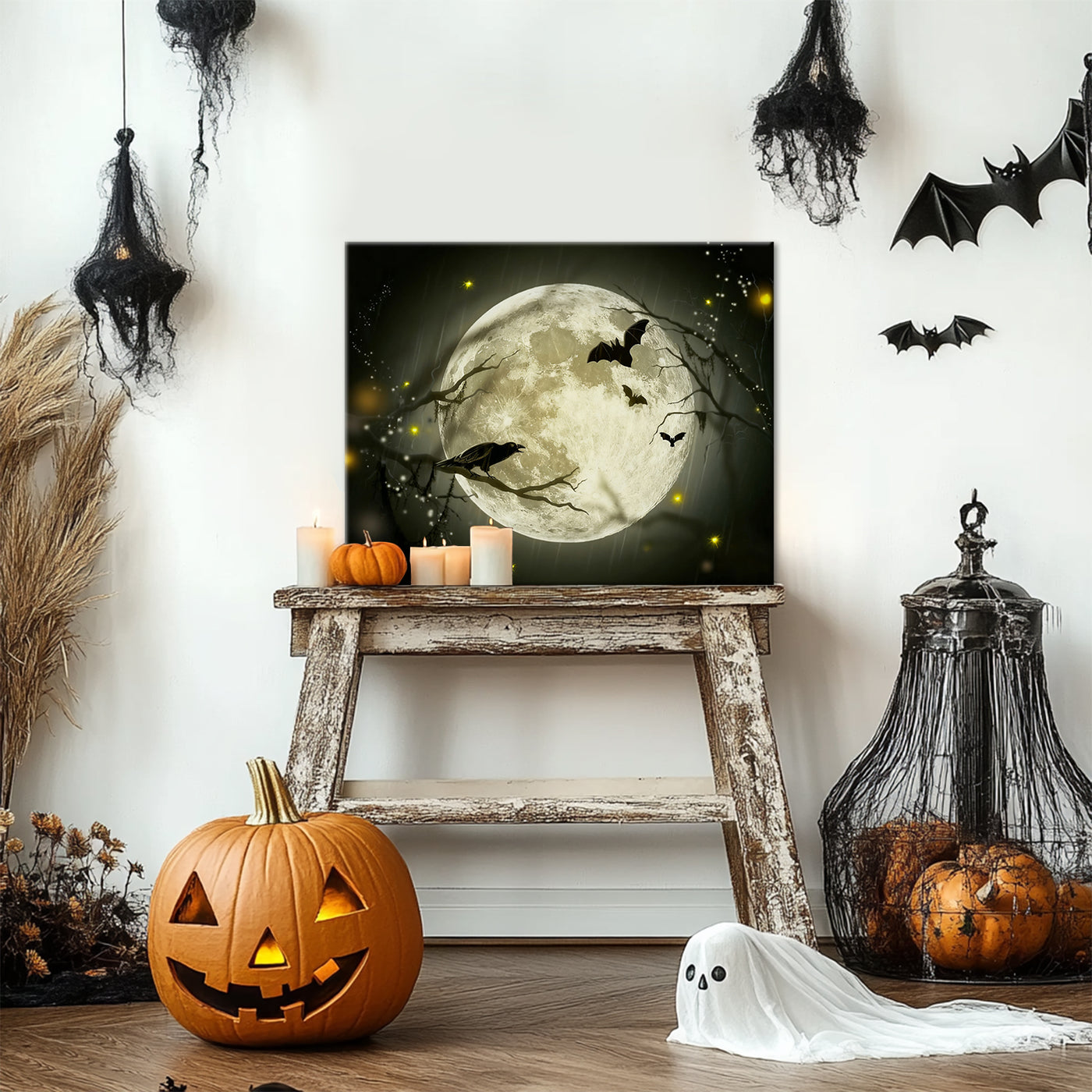 Raven Under the Harvest Moon Halloween Canvas Wall Art