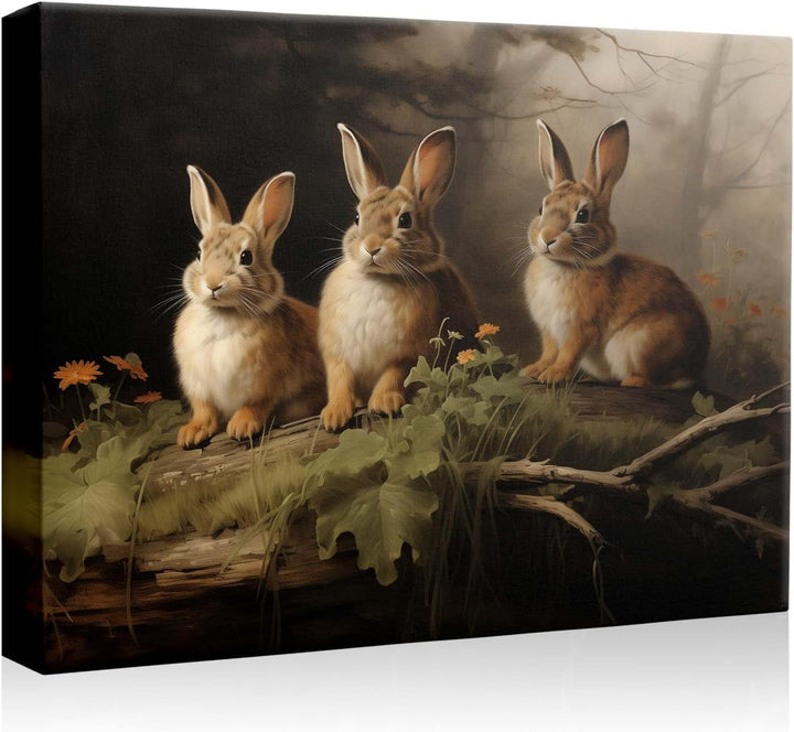 Easter Woodland Rabbits Canvas Wall Art, Adorable Hares Oil Painting Home Décor, Nature-Inspired Wall Decor, Stunning Canvas Prints