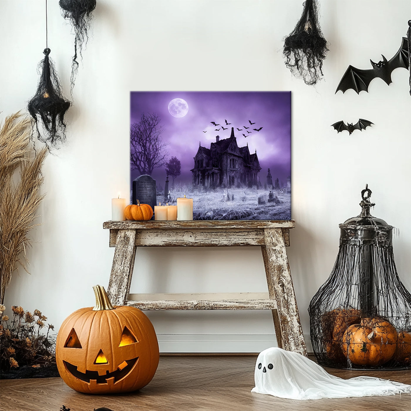 Haunted Mansion Halloween Canvas Wall Art, Full Moon Cemetery Decor