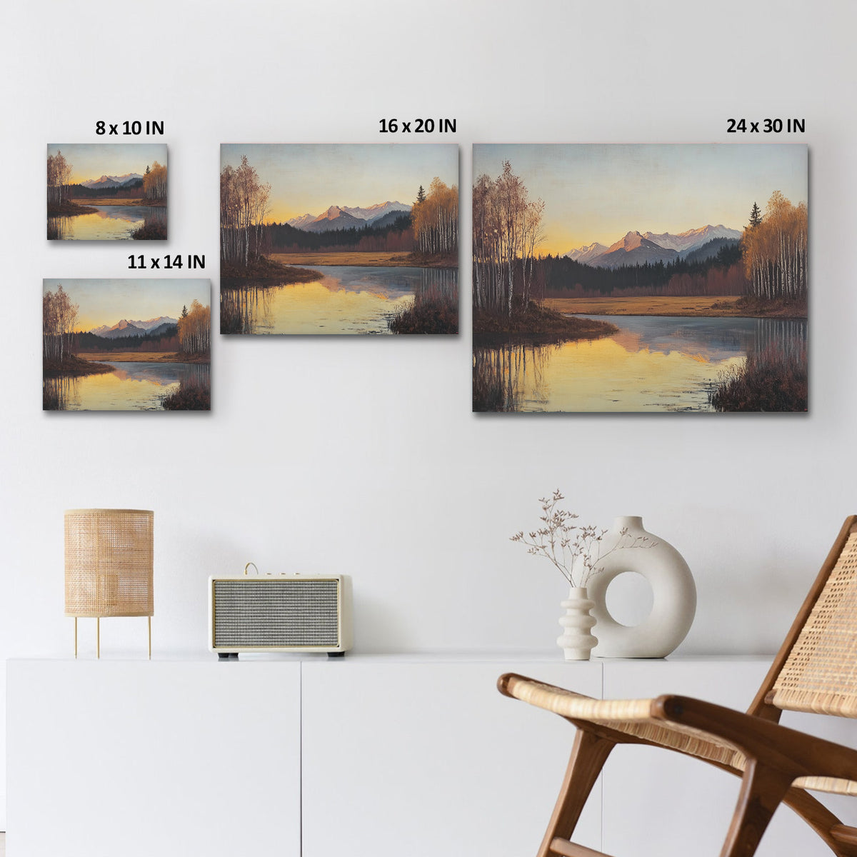 Mountain Lake at Autumn Sunset Serene Rustic Landscape Painting Wall Art