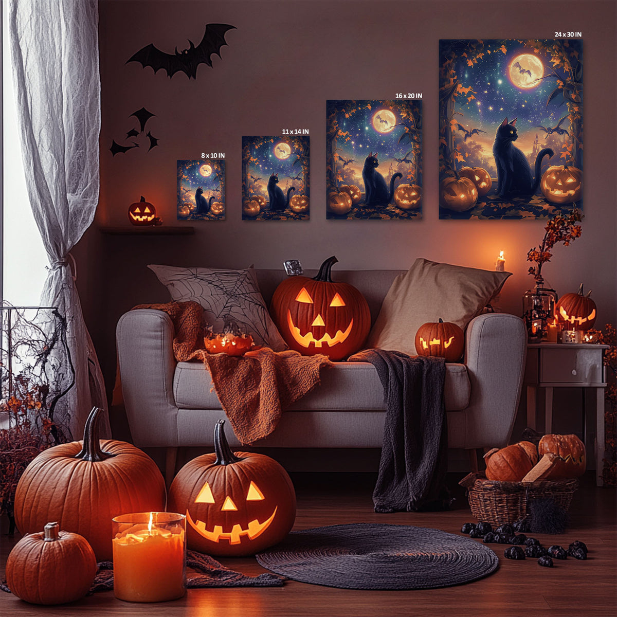 Black Cat and Pumpkins Halloween Whimsical Halloween Night Illustration Wall Art