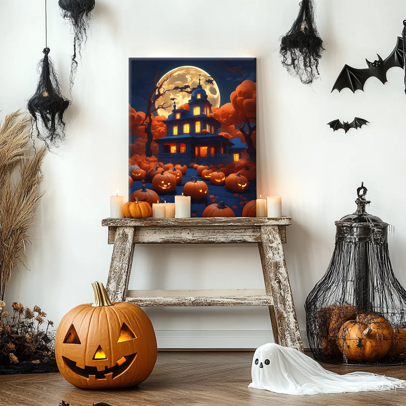 Moonlit Pumpkin Manor Halloween Canvas Wall Art