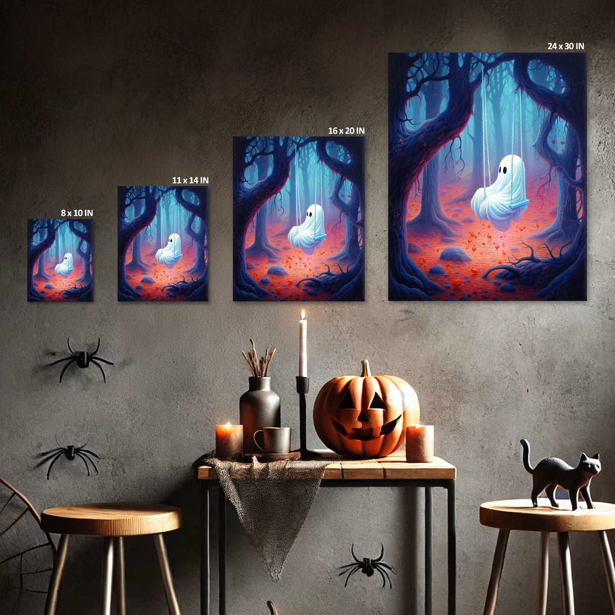 Cute Ghost on a Swing in an Enchanted Forest Illustration Halloween Wall Art