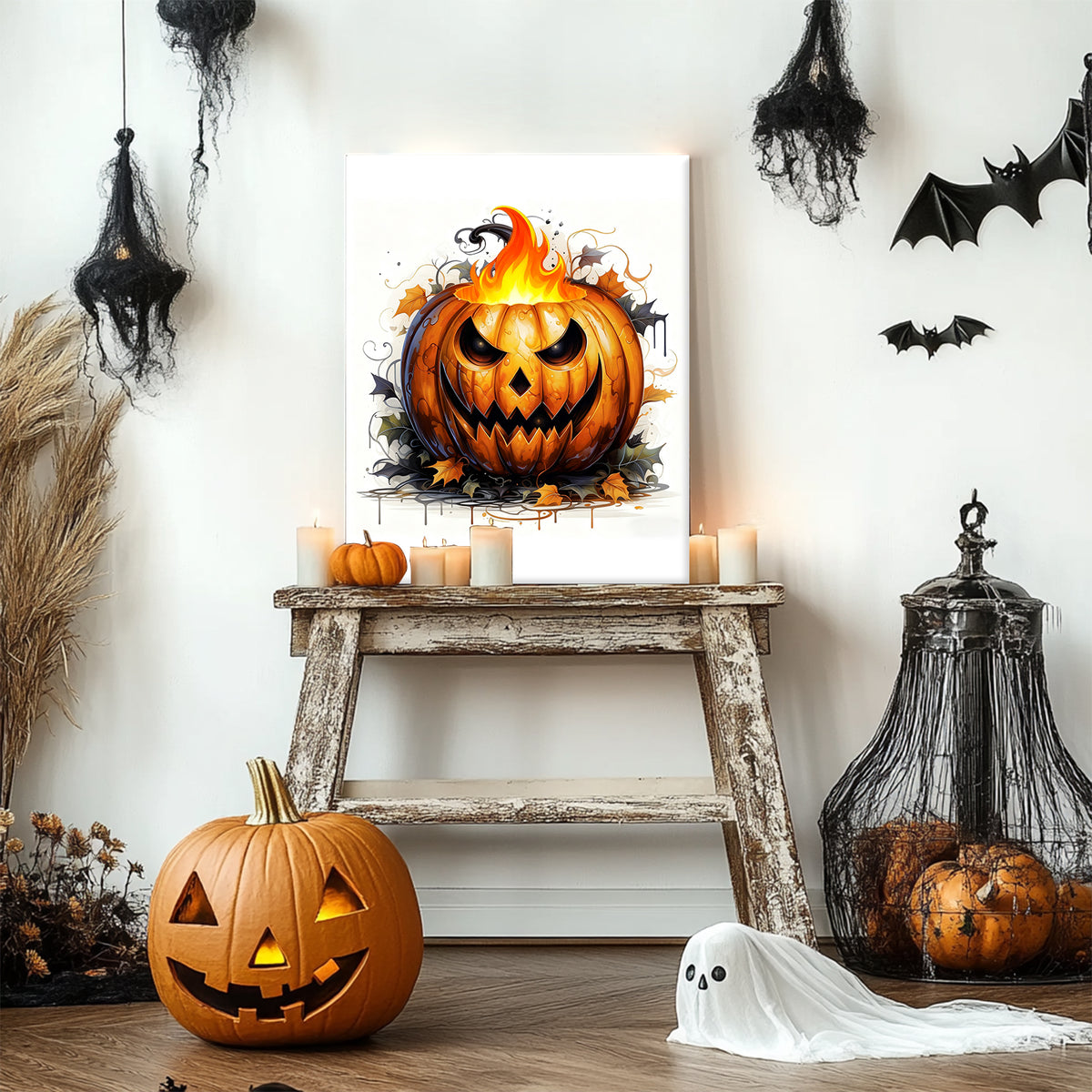 Pumpkin Flame Halloween Canvas Wall Art
