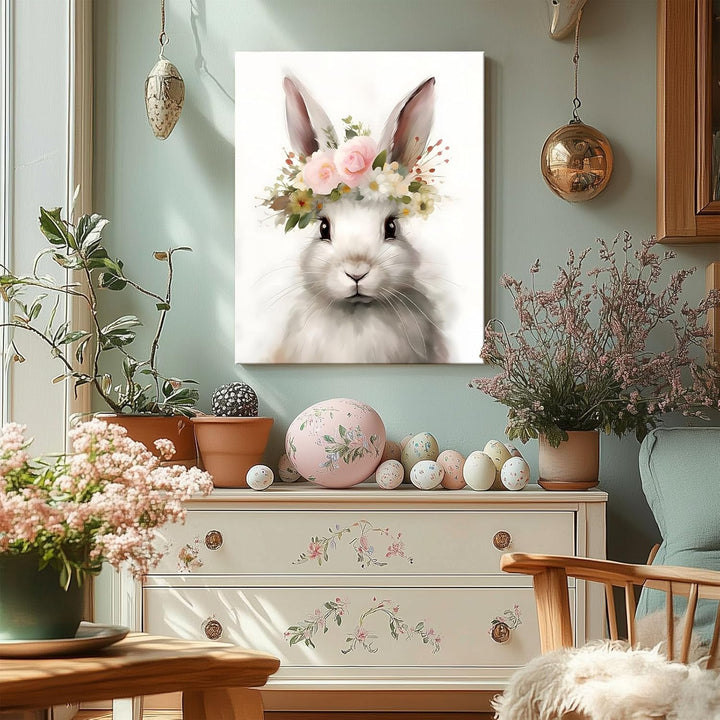 Easter Bunny Canvas Wall Art, Floral Bunny Farmhouse Decor Print Oil Painting Spring Aesthetic Artwork, Rustic Easter Charm Holiday Gift Bedroom Living Room Decoration