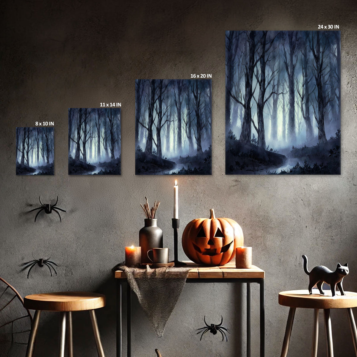 Haunted Misty Dark Forest Illustration Halloween Wall Art
