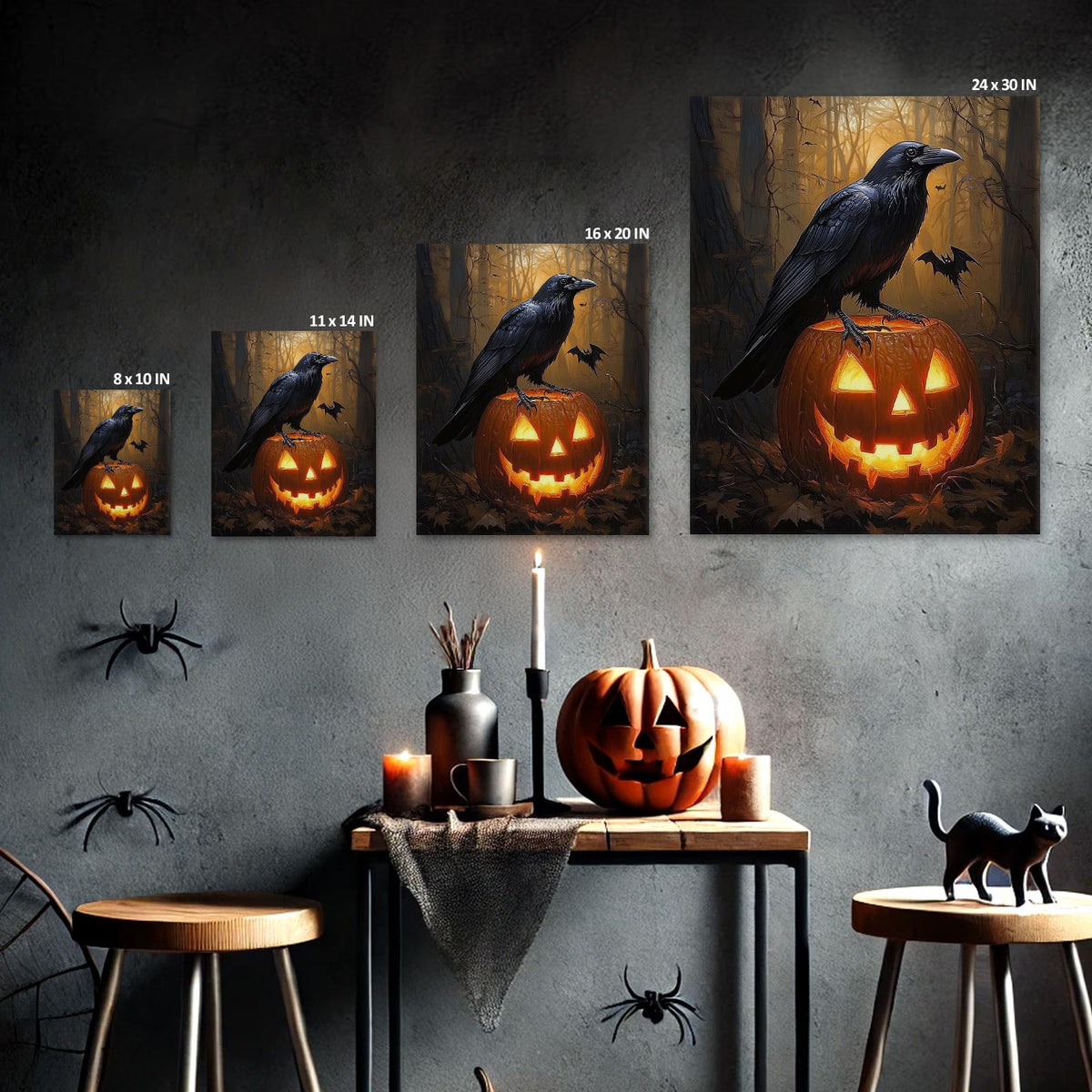 Dark Gothic Painting Raven and Pumpkin Halloween Wall Art