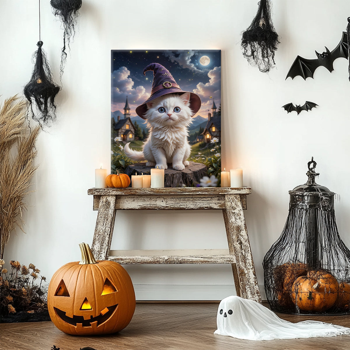 Cute Witch Cat Halloween Canvas Wall Art