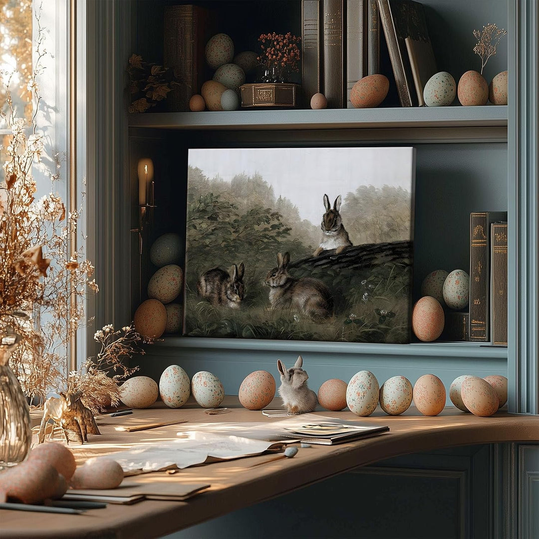 Easter Rabbits Framed Canvas Wall Art, Adorable 4 Hares Cave Oil Painting Home Decor, Nature-Inspired Wall Decor Stunning Lovable Bunny Canvas Prints for Living Room
