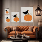 Halloween Minimalist Crow on Pumpkin Illustration and Pumpkin Wall Art