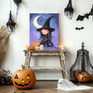 Little Witch Under the Crescent Moon Halloween Canvas Wall Art