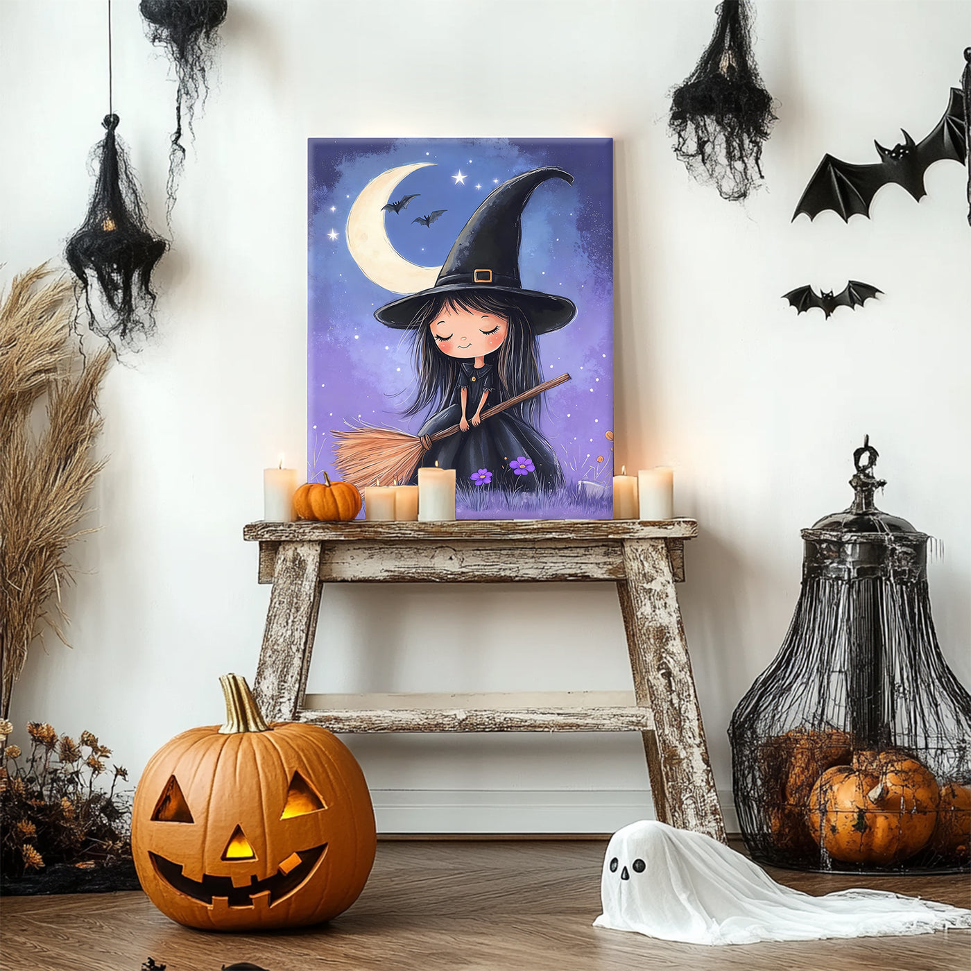 Little Witch Under the Crescent Moon Halloween Canvas Wall Art