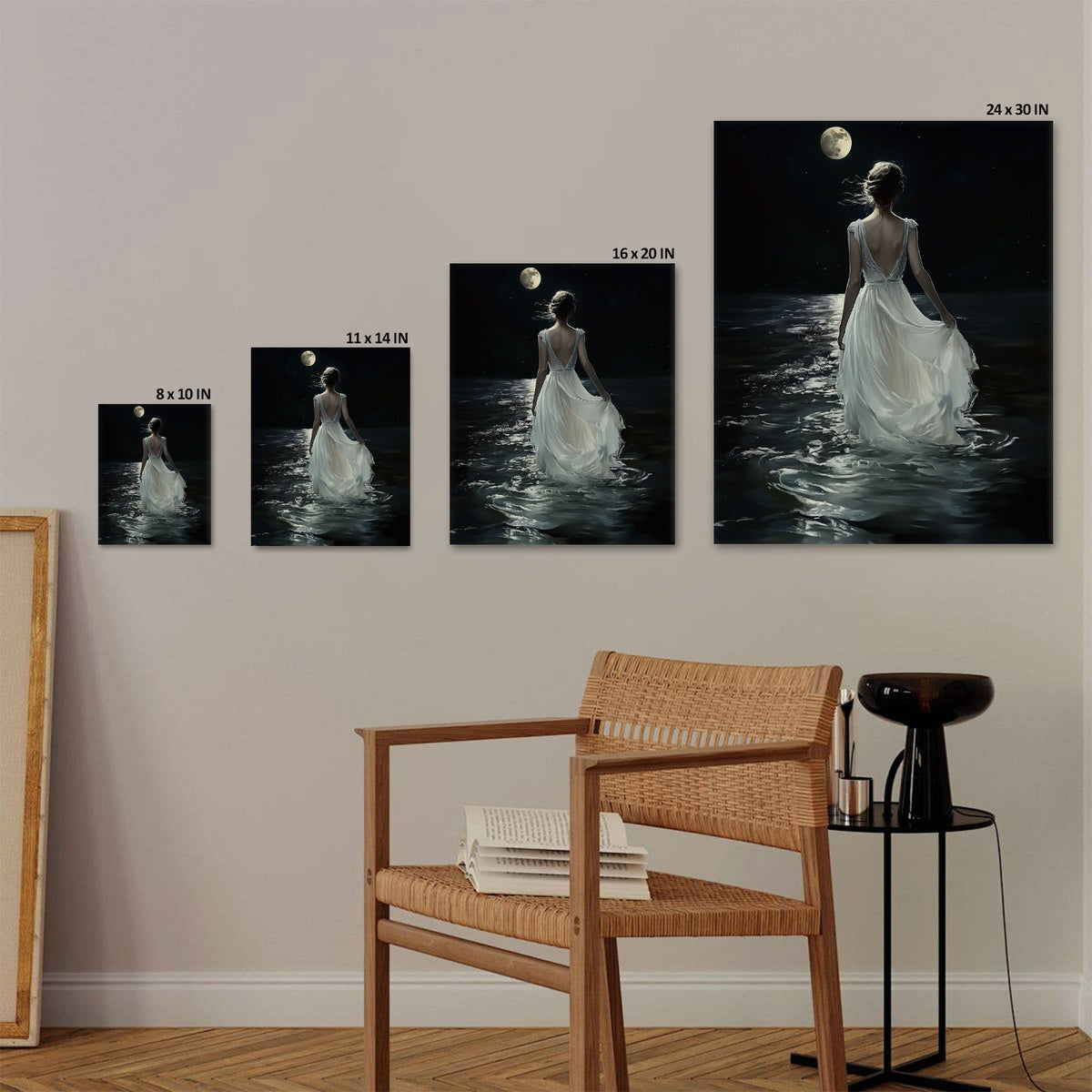 Dreamy Romantic Fantasy Painting Moonlit Woman by the Sea Wall Art