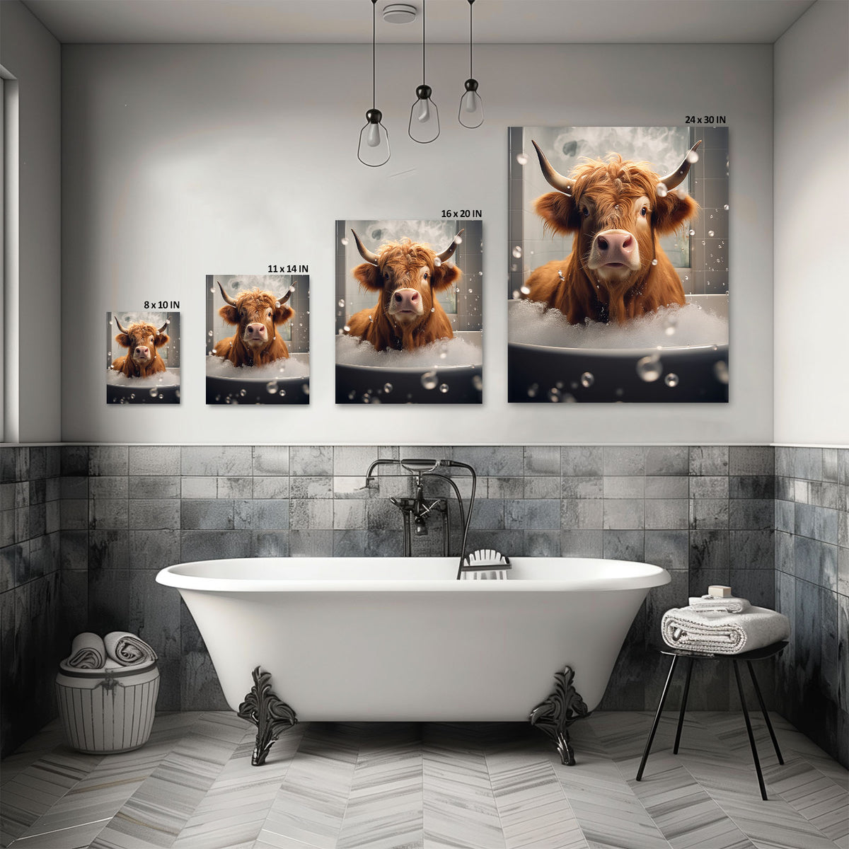 Highland Cow in the Bathtub Whimsical Surreal Animal Illustration Wall Art