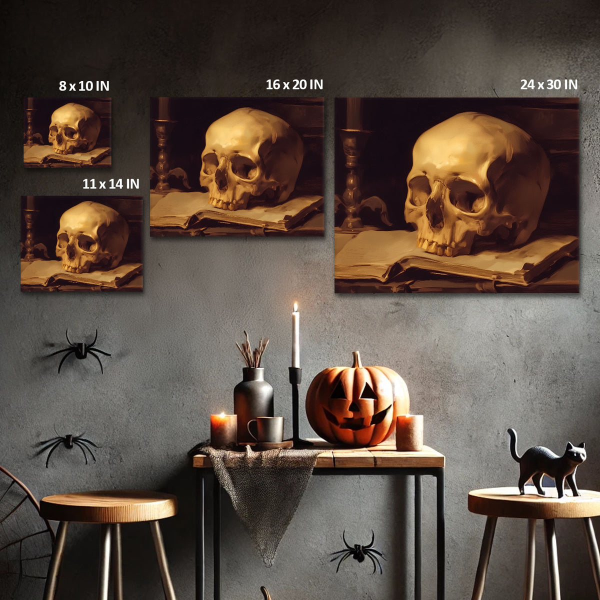 Dark Academia Skull Still Life Painting and Book Wall Art