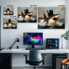 Black Cat Riding a Shark Whimsical Surreal Ocean Adventure Painting Wall Art